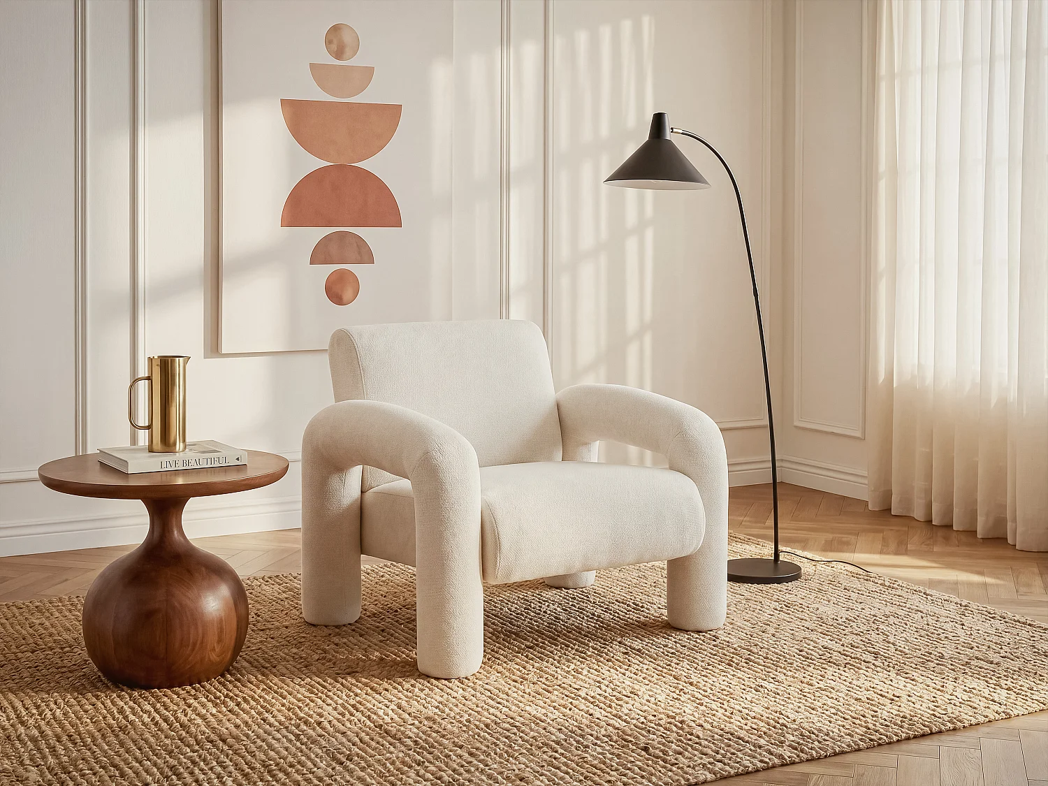 Fauteuil en tissu texturé beige OLIVRA