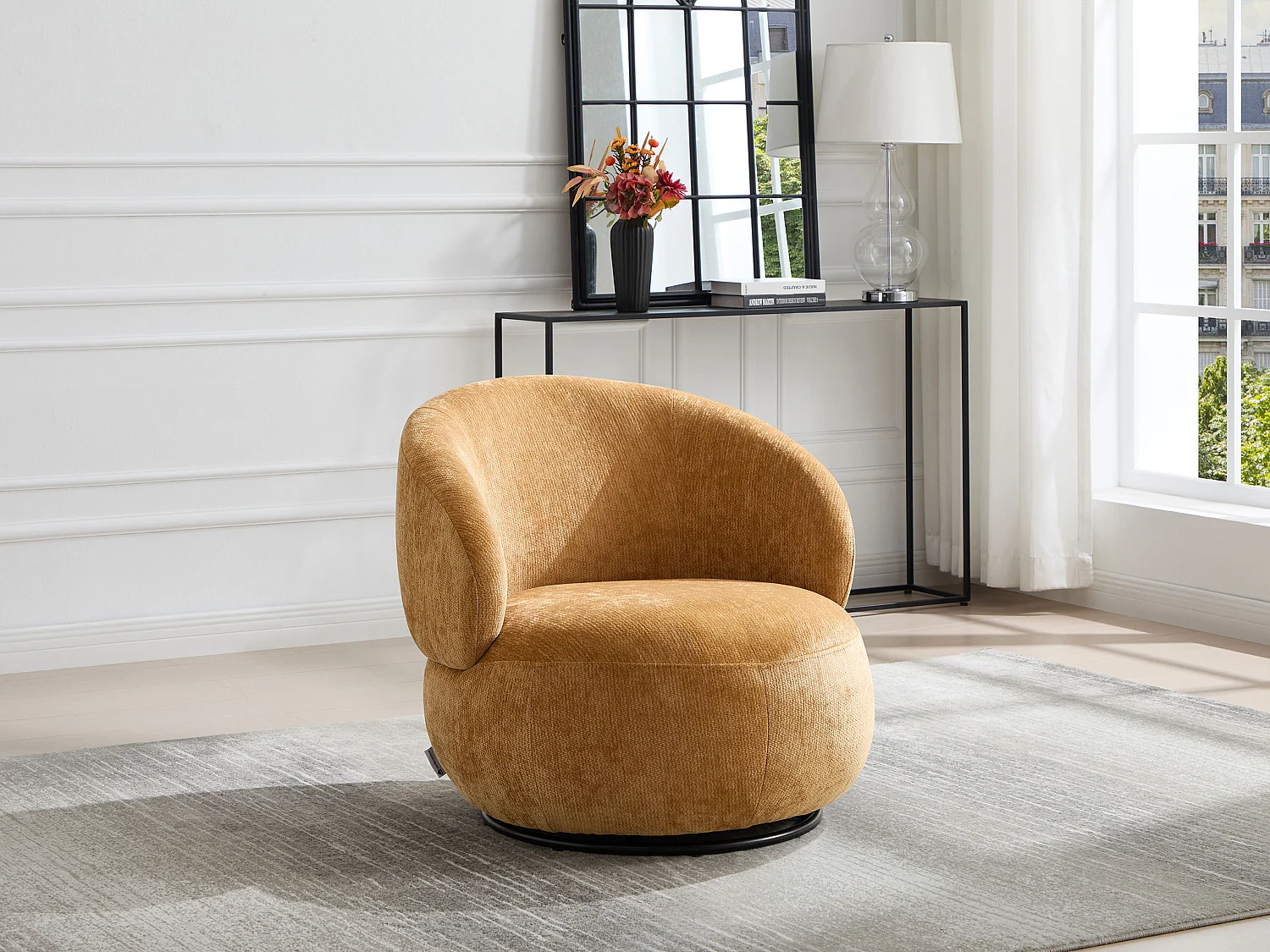 Fauteuil rotatif en tissu texturé jaune moutarde LACAZO