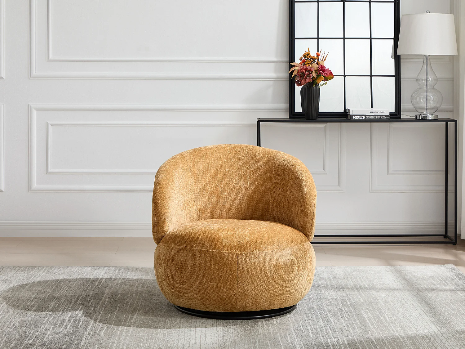 Fauteuil rotatif en tissu texturé jaune moutarde LACAZO