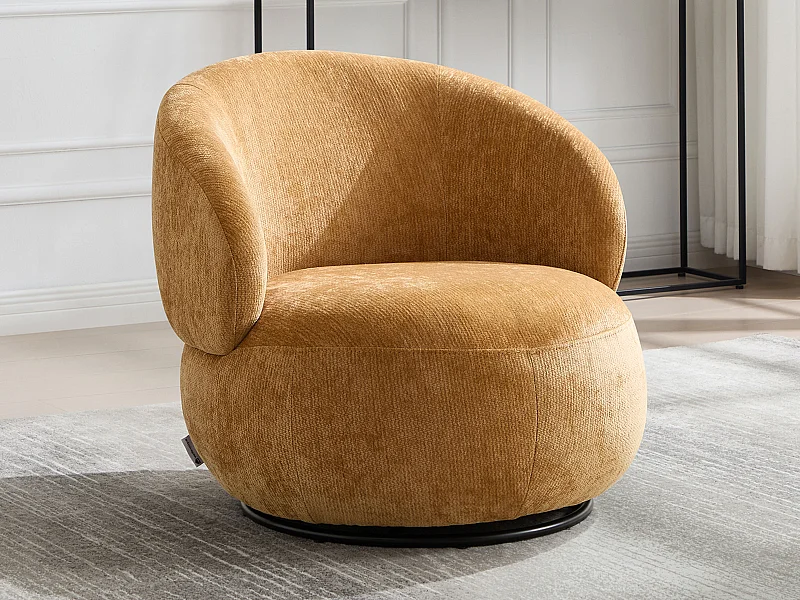Fauteuil rotatif en tissu texturé jaune moutarde LACAZO