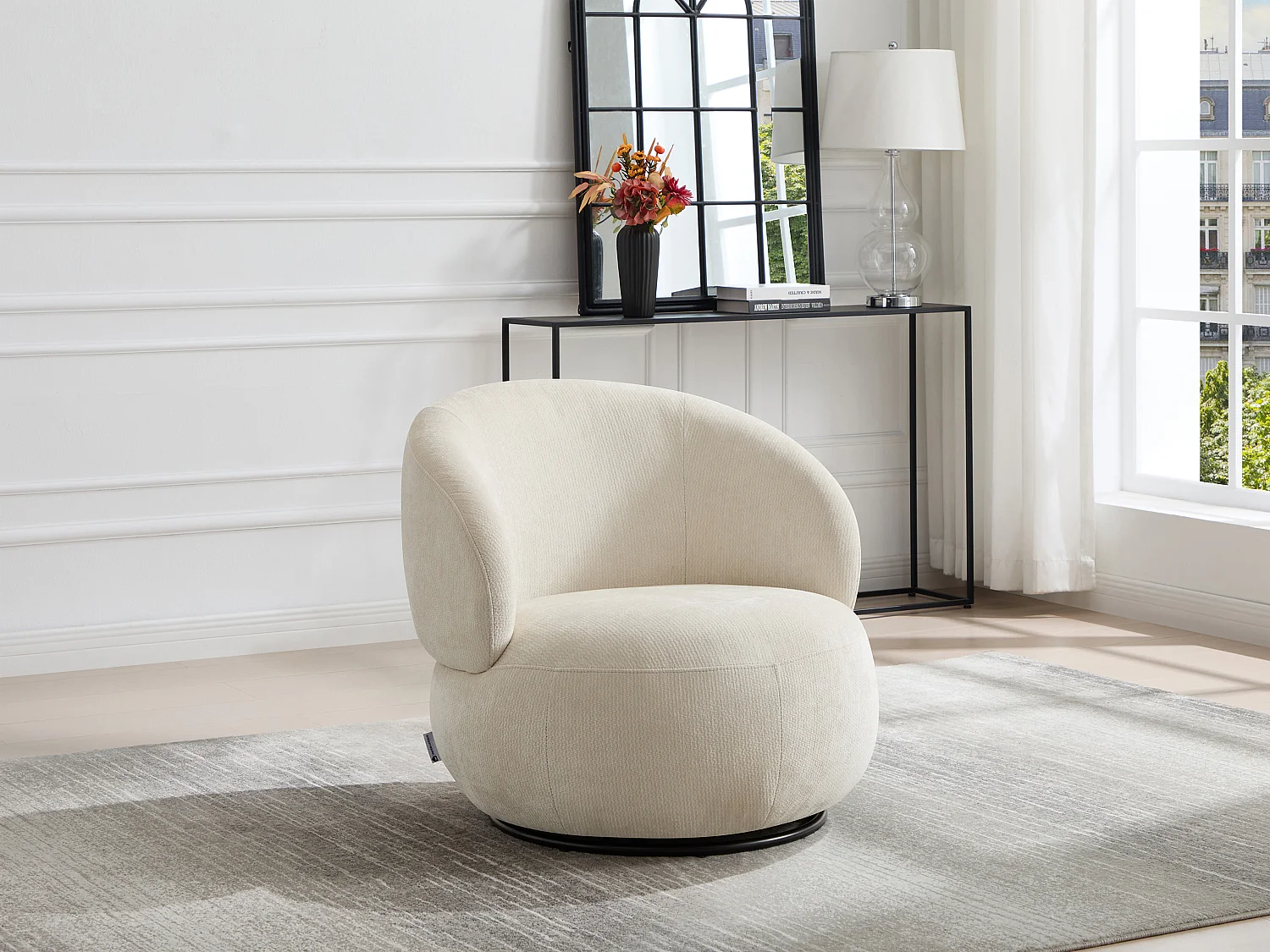 Fauteuil rotatif en tissu texturé beige LACAZO