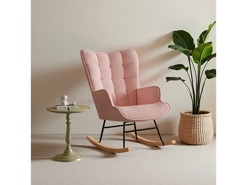 fauteuil à bascule, rocking chaire en velours, Scandinave, pied en bois massif, rose