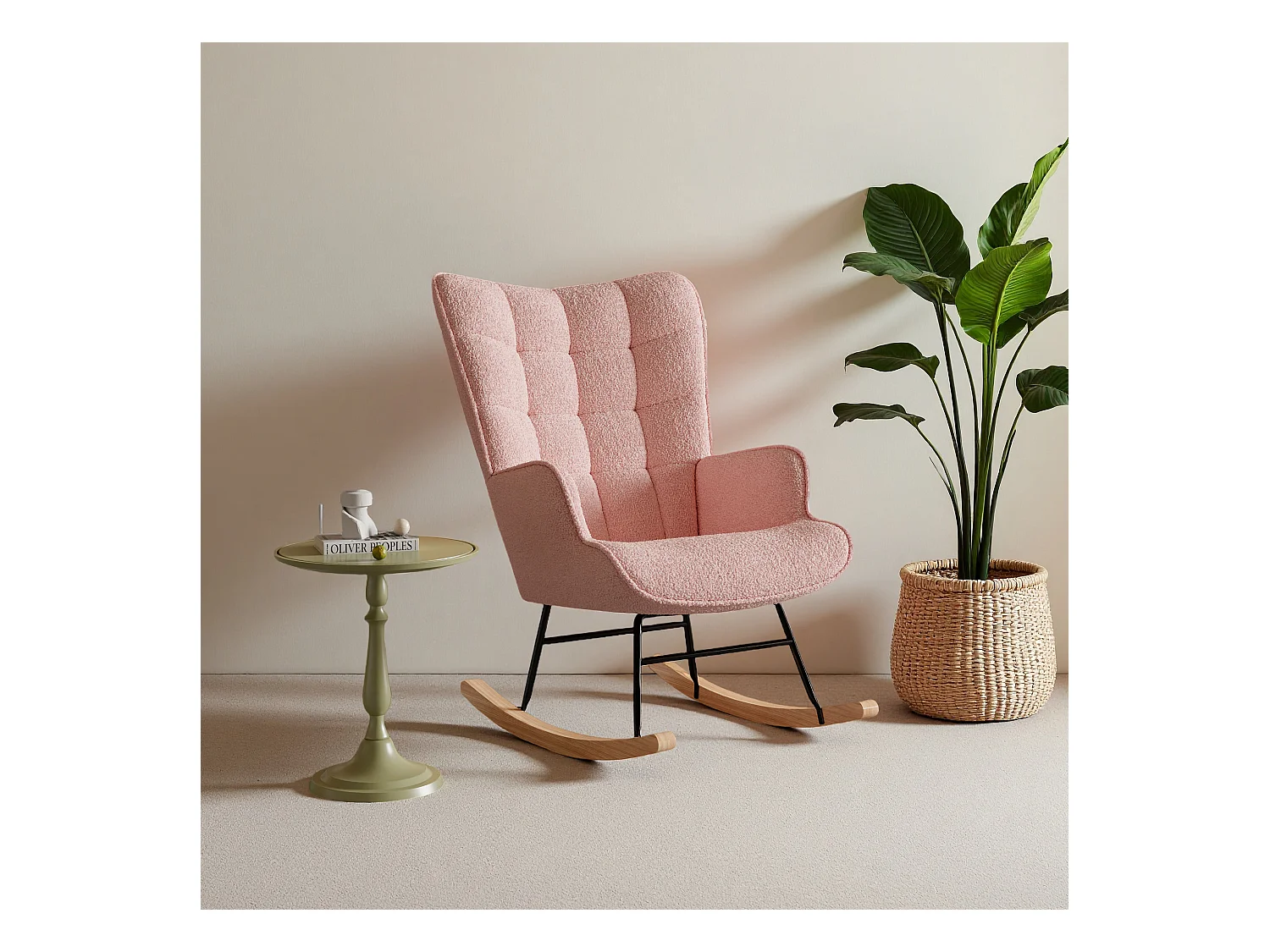 fauteuil à bascule, rocking chaire en velours, Scandinave, pied en bois massif, rose