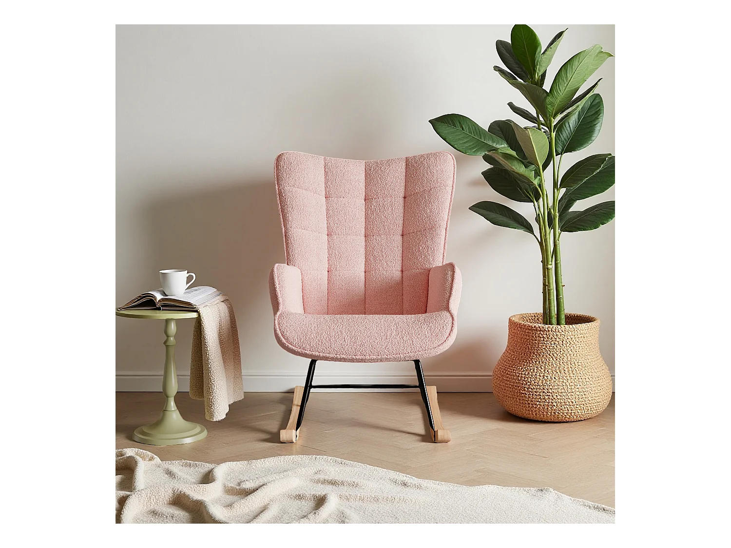 fauteuil à bascule, rocking chaire en velours, Scandinave, pied en bois massif, rose