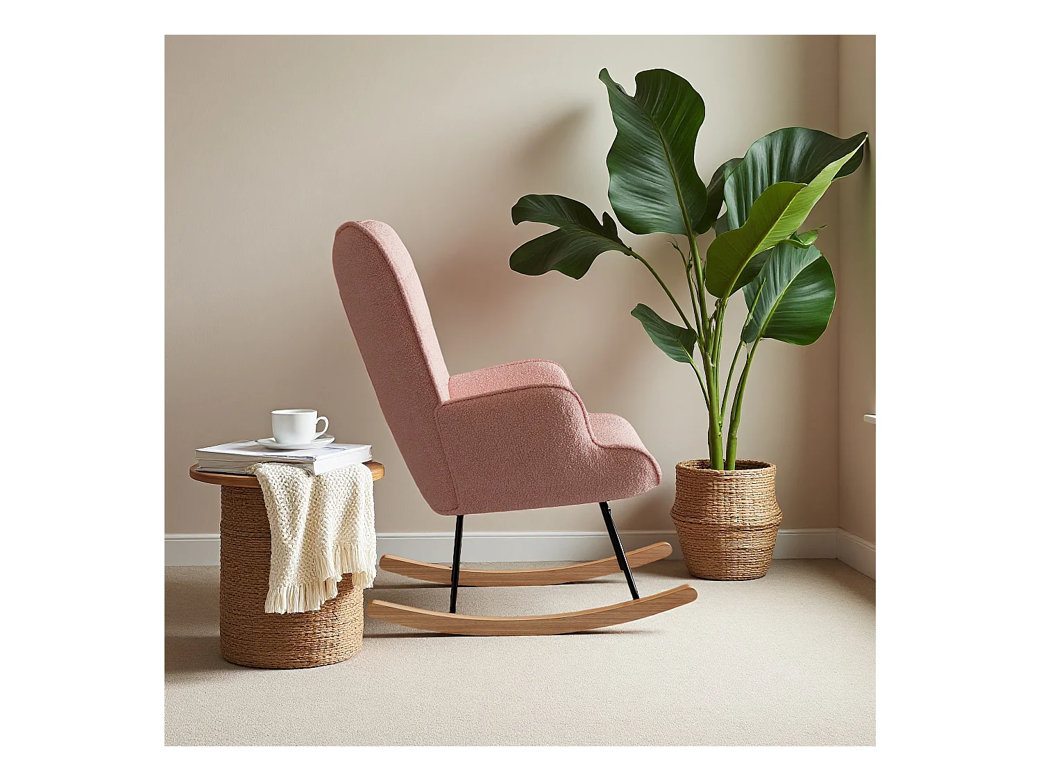 fauteuil à bascule, rocking chaire en velours, Scandinave, pied en bois massif, rose