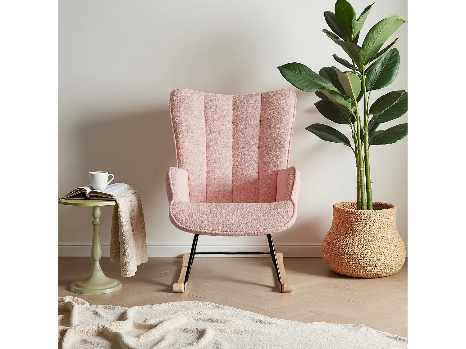 fauteuil à bascule, rocking chaire en velours, Scandinave, pied en bois massif, rose