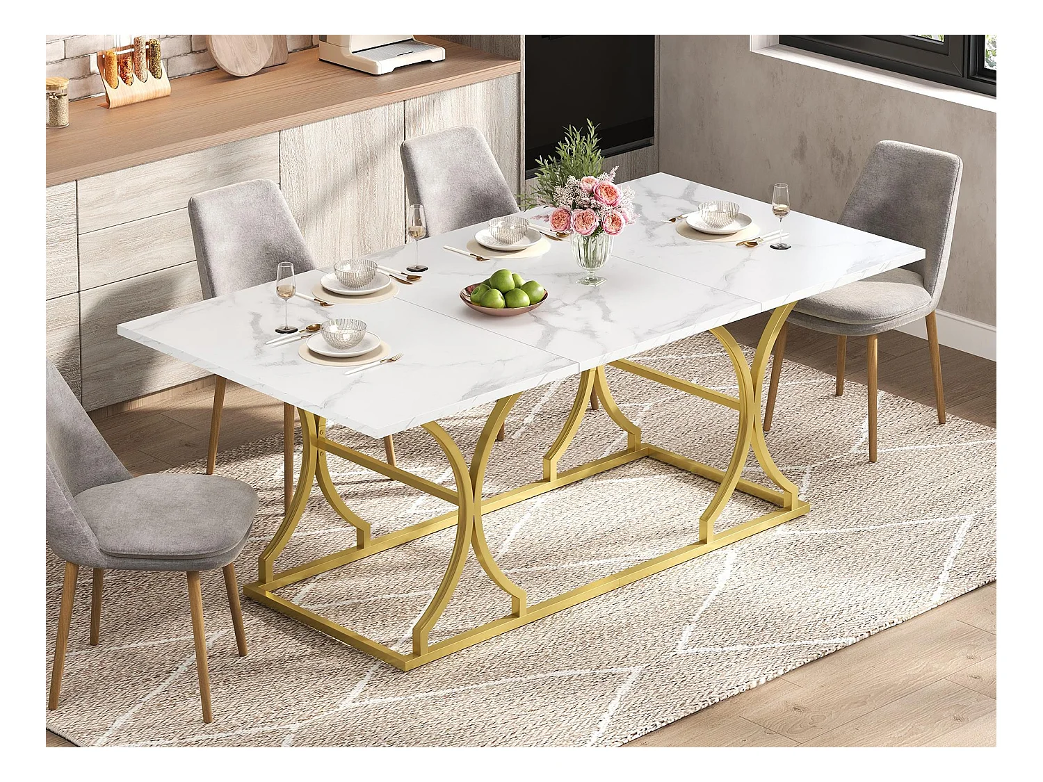 table à manger 200x80x76cm - design moderne aspect marbre - peut accueillir 8 à 10 personnes - pieds en métal - MDF - Naturel