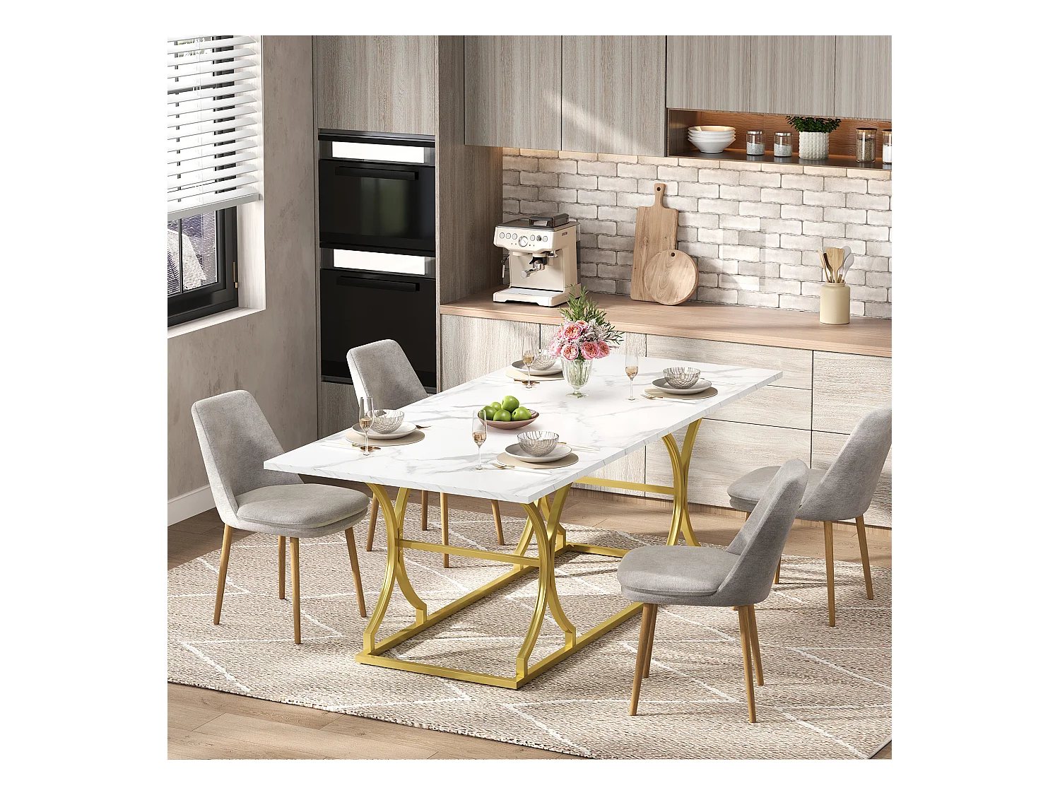 table à manger 200x80x76cm - design moderne aspect marbre - peut accueillir 8 à 10 personnes - pieds en métal - MDF - Naturel