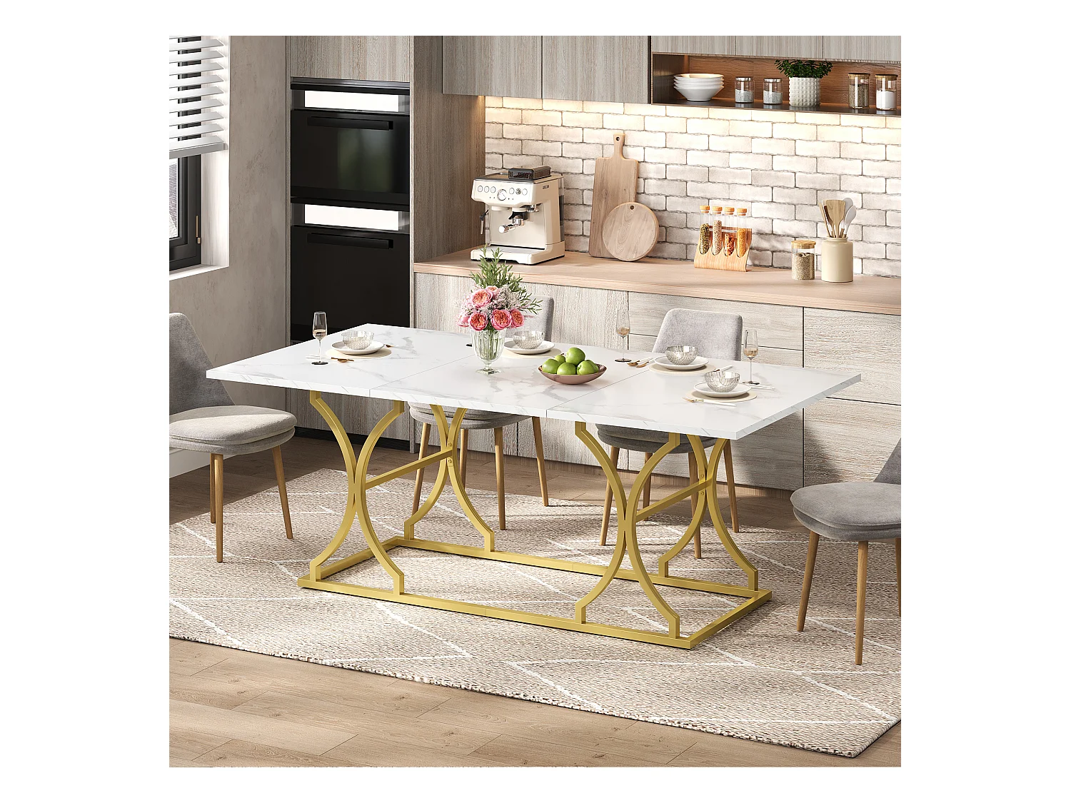 table à manger 200x80x76cm - design moderne aspect marbre - peut accueillir 8 à 10 personnes - pieds en métal - MDF - Naturel