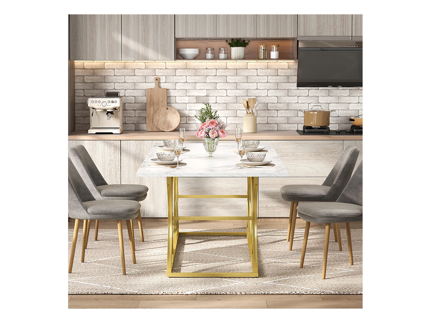 table à manger 200x80x76cm - design moderne aspect marbre - peut accueillir 8 à 10 personnes - pieds en métal - MDF - Naturel