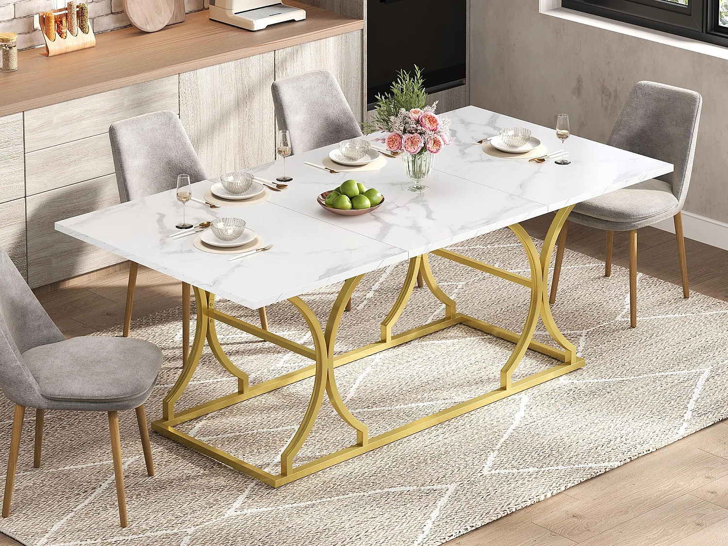 Eettafel 200x80x76 cm - modern design marmerlook - geschikt voor 8-10 personen - metalen poten - MDF - Natuur