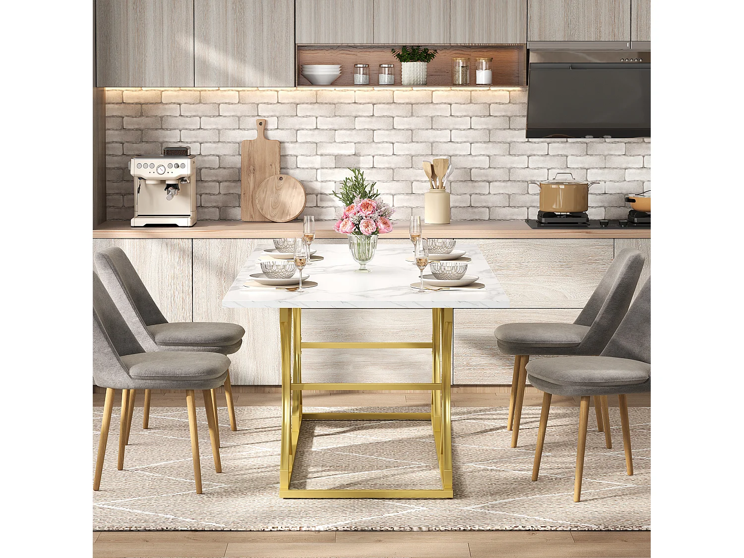 Eettafel 200x80x76 cm - modern design marmerlook - geschikt voor 8-10 personen - metalen poten - MDF - Natuur