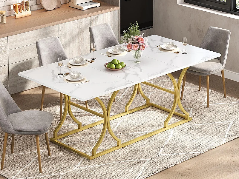 table à manger 200x80x76cm - design moderne aspect marbre - peut accueillir 8 à 10 personnes - pieds en métal - MDF - Naturel