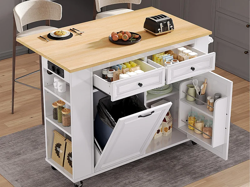 Ilot central de cuisine mobile 120x40-70x92cm - avec roulettes - avec USB - 2 tiroirs et 2 portes - plateau extensible - avec porte-serviettes - blanc