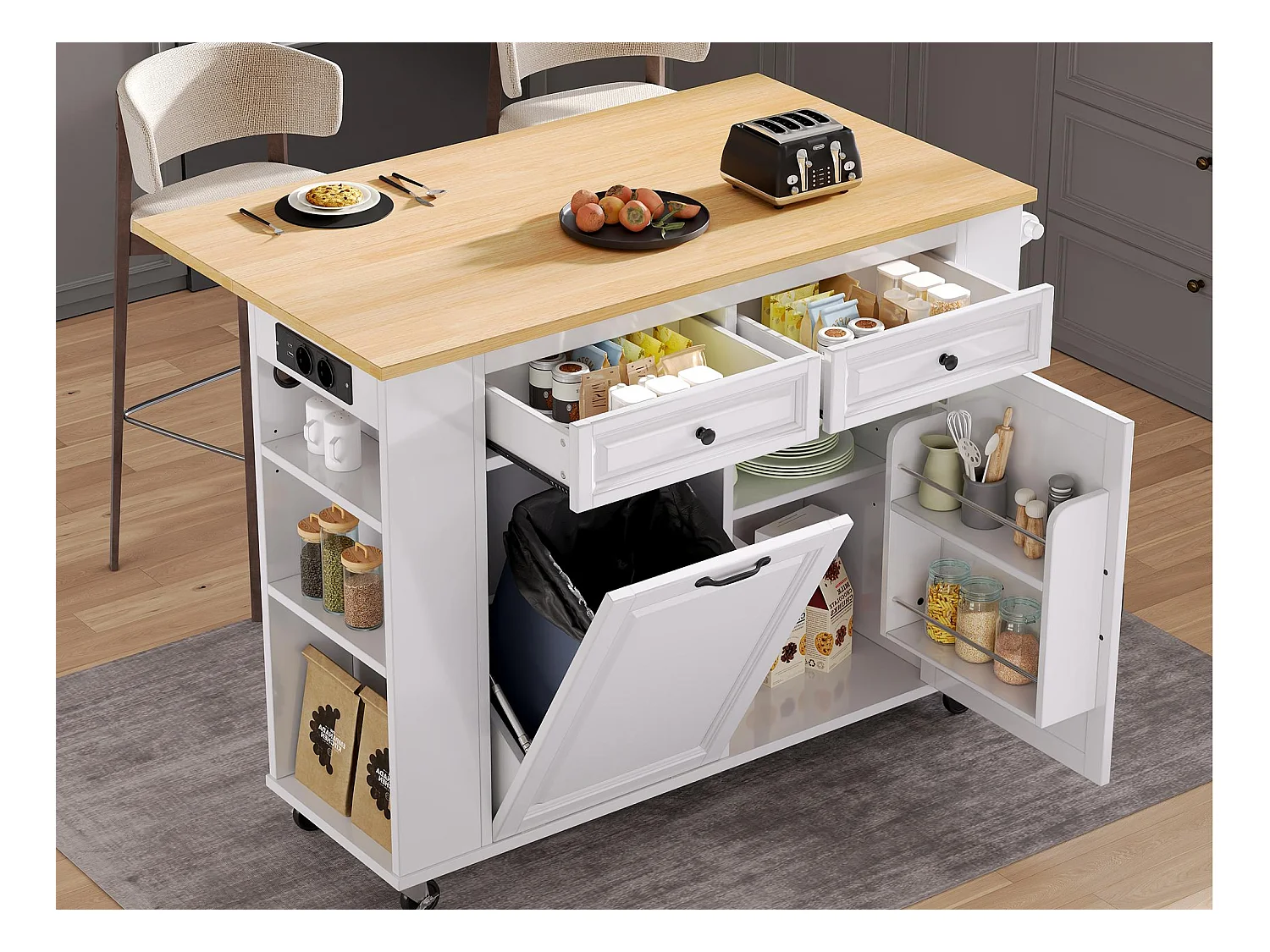 Ilot central de cuisine mobile 120x40-70x92cm - avec roulettes - avec USB - 2 tiroirs et 2 portes - plateau extensible - avec porte-serviettes - blanc