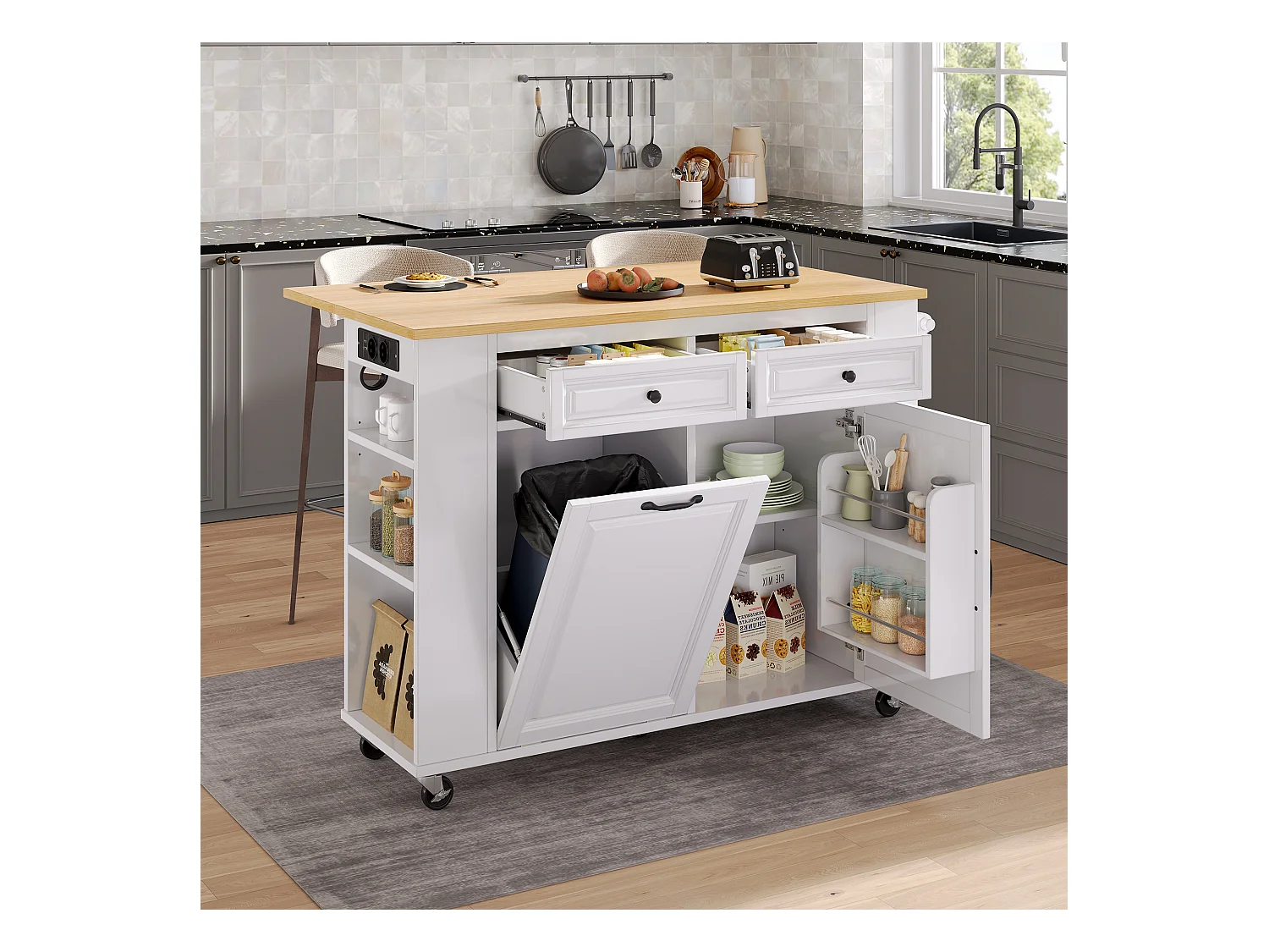 Ilot central de cuisine mobile 120x40-70x92cm - avec roulettes - avec USB - 2 tiroirs et 2 portes - plateau extensible - avec porte-serviettes - blanc