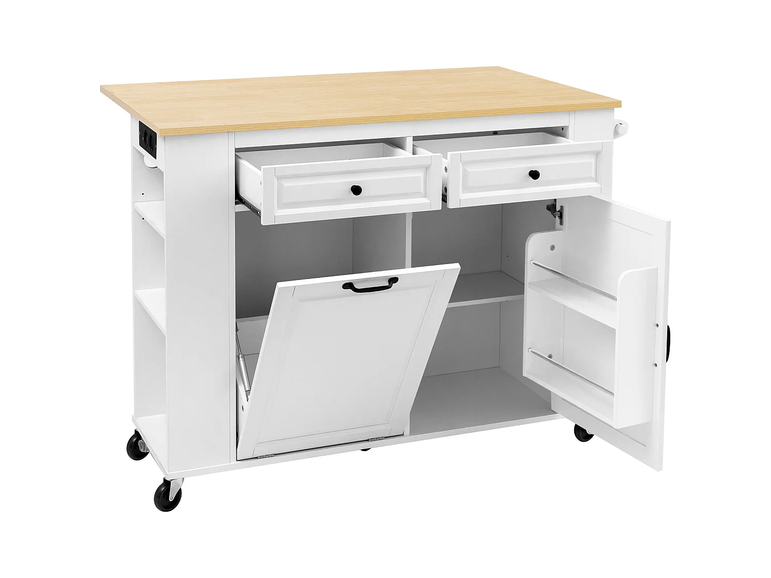 Ilot central de cuisine mobile 120x40-70x92cm - avec roulettes - avec USB - 2 tiroirs et 2 portes - plateau extensible - avec porte-serviettes - blanc