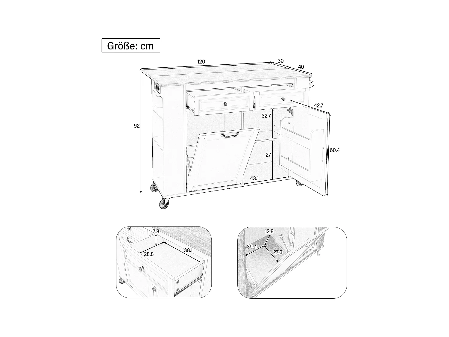 Ilot central de cuisine mobile 120x40-70x92cm - avec roulettes - avec USB - 2 tiroirs et 2 portes - plateau extensible - avec porte-serviettes - blanc