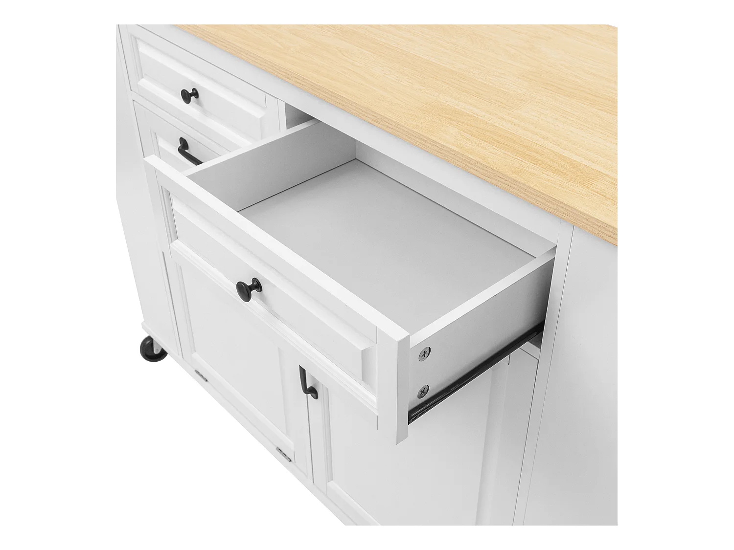 Ilot central de cuisine mobile 120x40-70x92cm - avec roulettes - avec USB - 2 tiroirs et 2 portes - plateau extensible - avec porte-serviettes - blanc