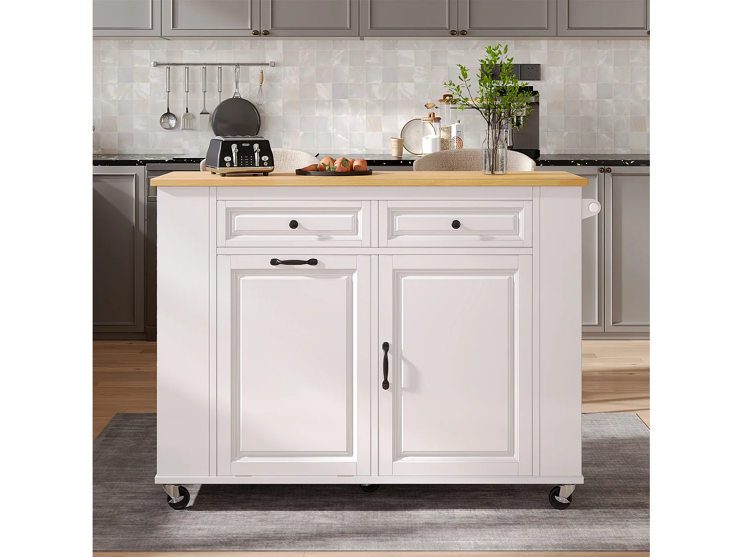 Isla de cocina central móvil 120x40-70x92 cm - con ruedas - con USB - 2 cajones y 2 puertas - tablero extensible - con toallero - blanco