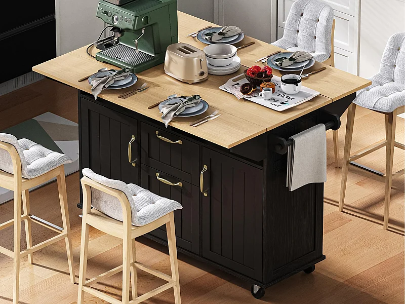 Mobilna wyspa kuchenna 120x40-80x92 cm - z kółkami - z USB - 2 szuflady i 2 drzwi - blat rozkładany - z wieszakiem na ręczniki - biały