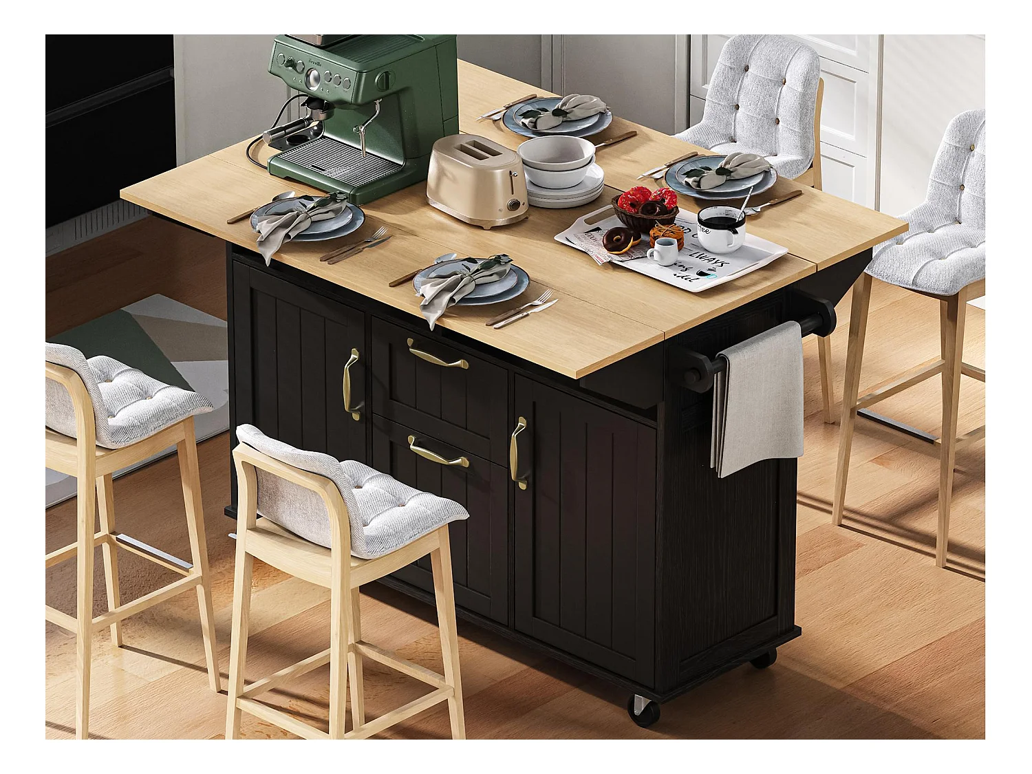 Ilot central de cuisine mobile 120x40-80x92cm - avec roulettes - avec USB - 2 tiroirs et 2 portes - plateau extensible - avec porte-serviettes - noir