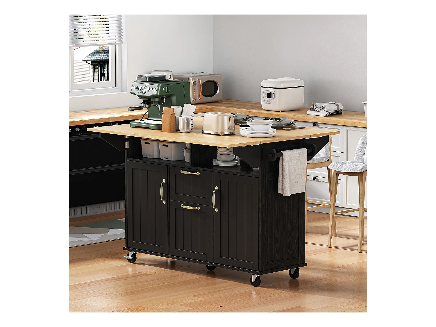 Ilot central de cuisine mobile 120x40-80x92cm - avec roulettes - avec USB - 2 tiroirs et 2 portes - plateau extensible - avec porte-serviettes - noir