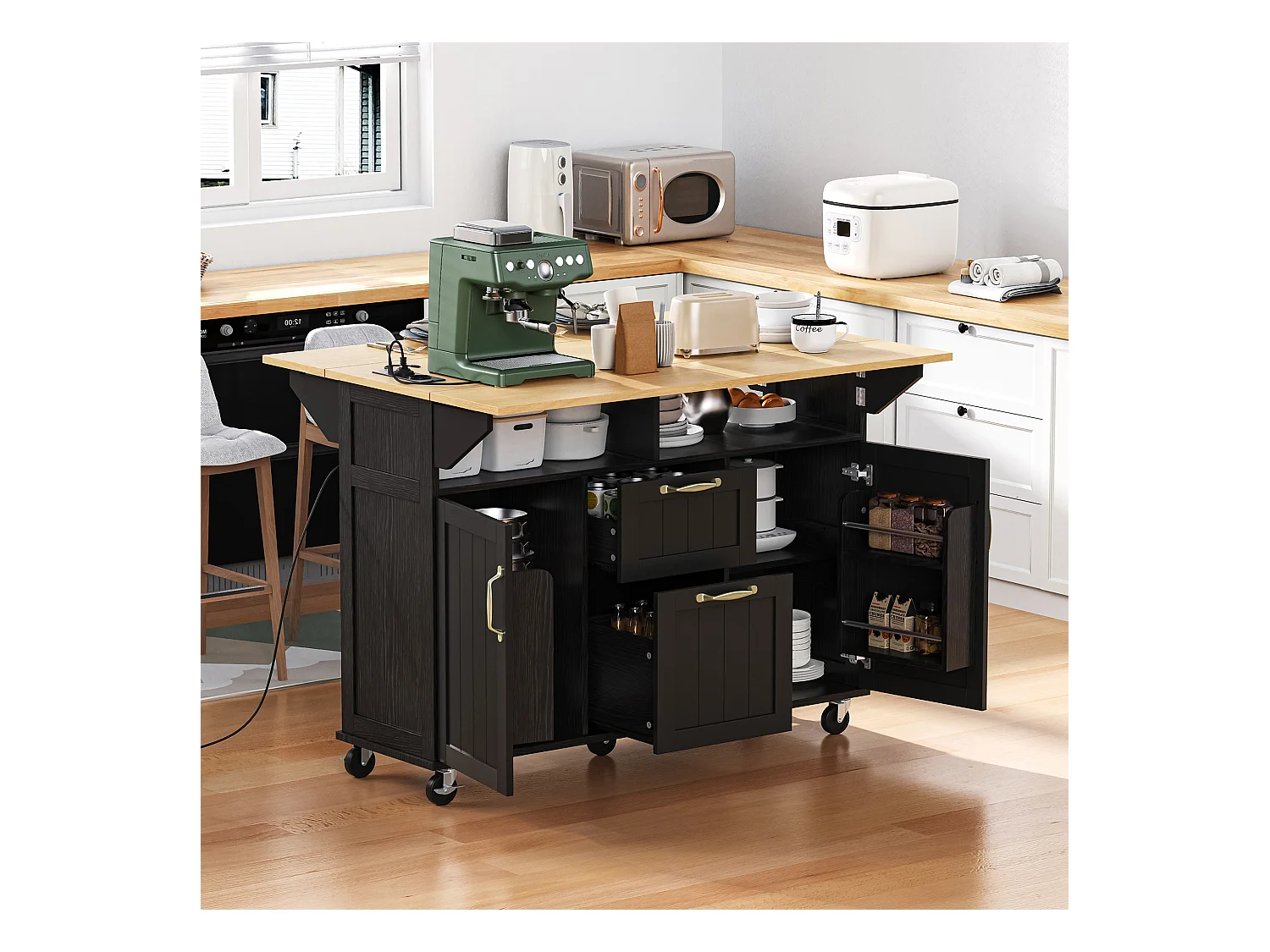 Ilot central de cuisine mobile 120x40-80x92cm - avec roulettes - avec USB - 2 tiroirs et 2 portes - plateau extensible - avec porte-serviettes - noir