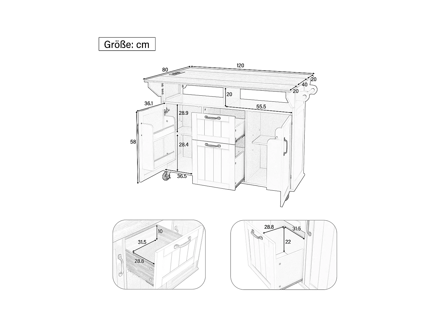 Ilot central de cuisine mobile 120x40-80x92cm - avec roulettes - avec USB - 2 tiroirs et 2 portes - plateau extensible - avec porte-serviettes - noir