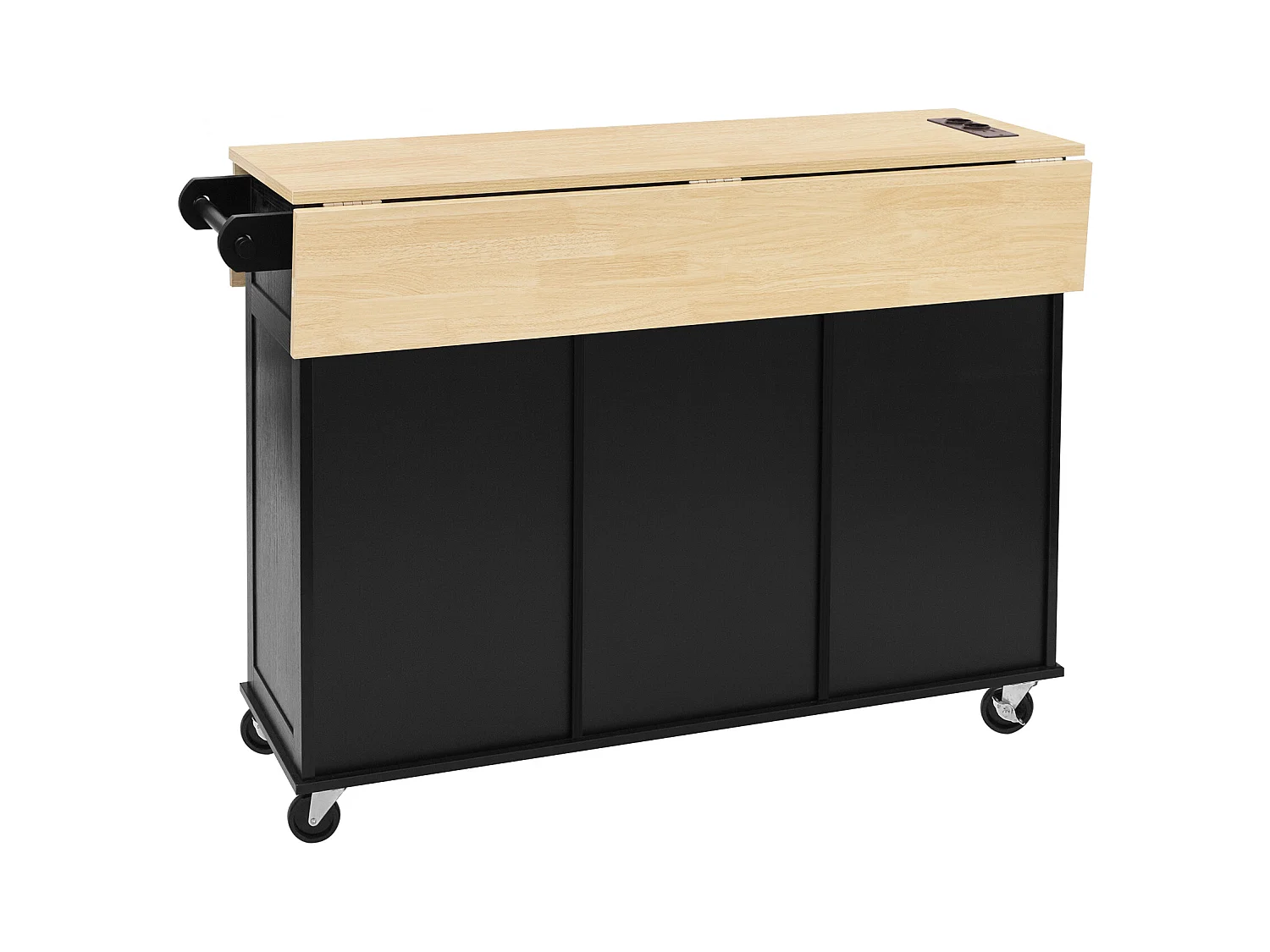 Ilot central de cuisine mobile 120x40-80x92cm - avec roulettes - avec USB - 2 tiroirs et 2 portes - plateau extensible - avec porte-serviettes - noir