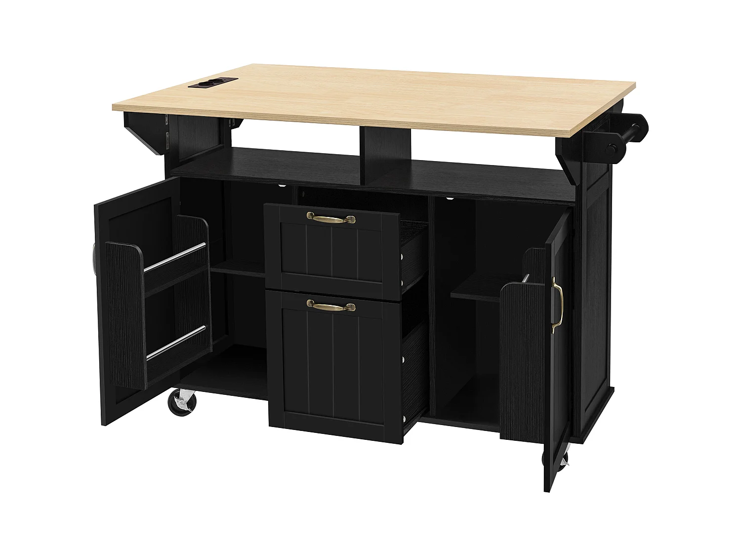 Ilot central de cuisine mobile 120x40-80x92cm - avec roulettes - avec USB - 2 tiroirs et 2 portes - plateau extensible - avec porte-serviettes - noir