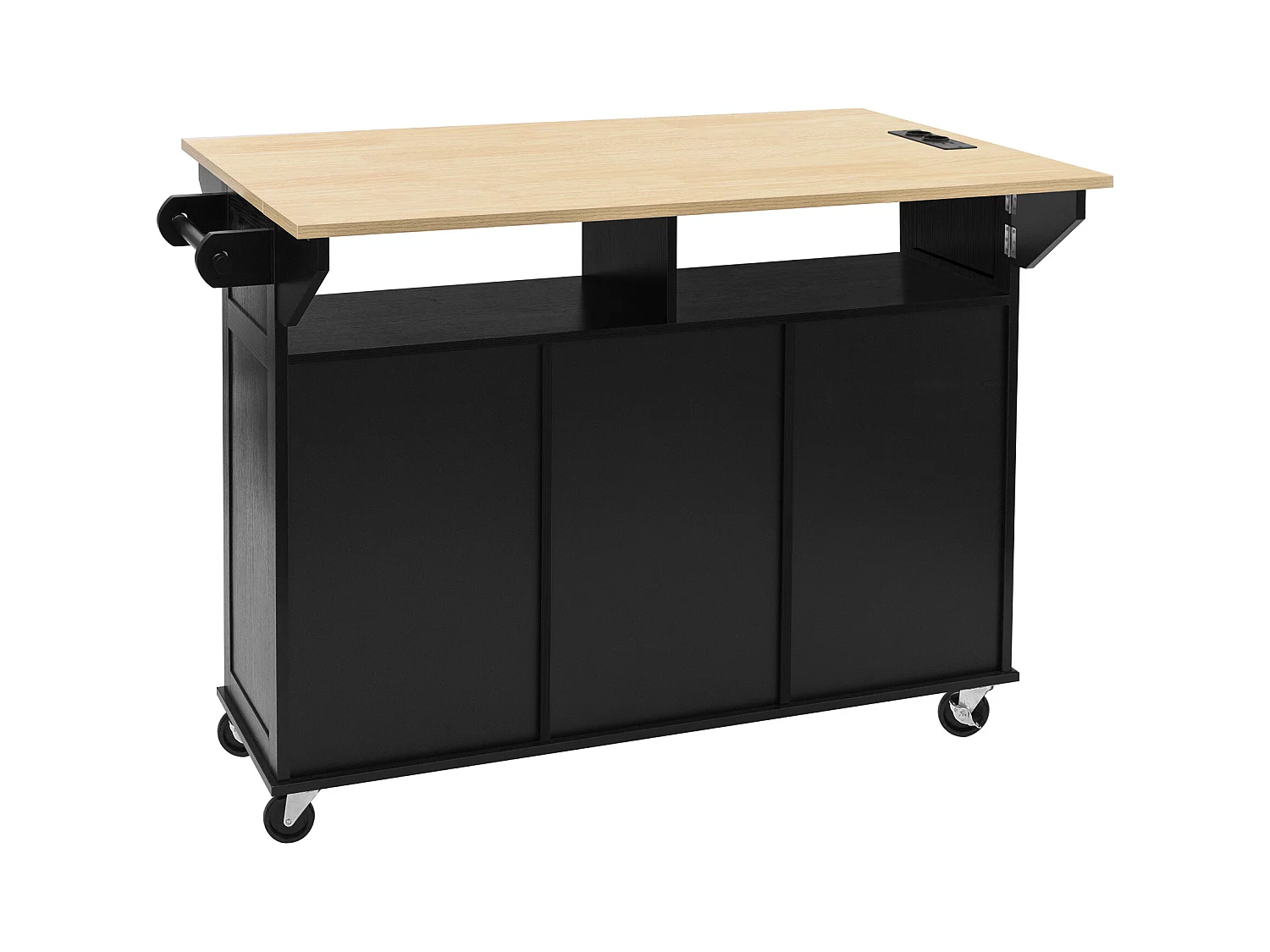 Ilot central de cuisine mobile 120x40-80x92cm - avec roulettes - avec USB - 2 tiroirs et 2 portes - plateau extensible - avec porte-serviettes - noir