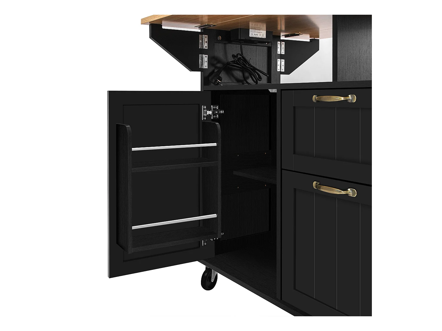 Ilot central de cuisine mobile 120x40-80x92cm - avec roulettes - avec USB - 2 tiroirs et 2 portes - plateau extensible - avec porte-serviettes - noir