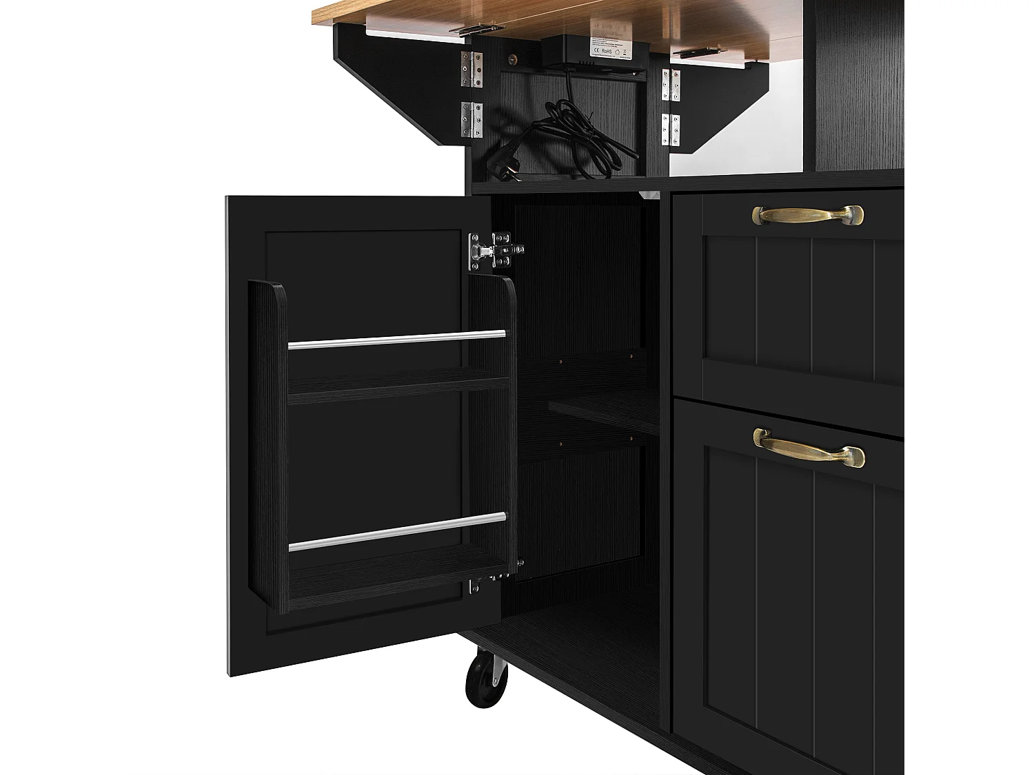 Mobile Kücheninsel 120x40-80x92 cm - mit Rollen - mit USB - 2 Schubladen und 2 Türen - ausziehbarer Arbeitsplatte - mit Handtuchhalter - weiß