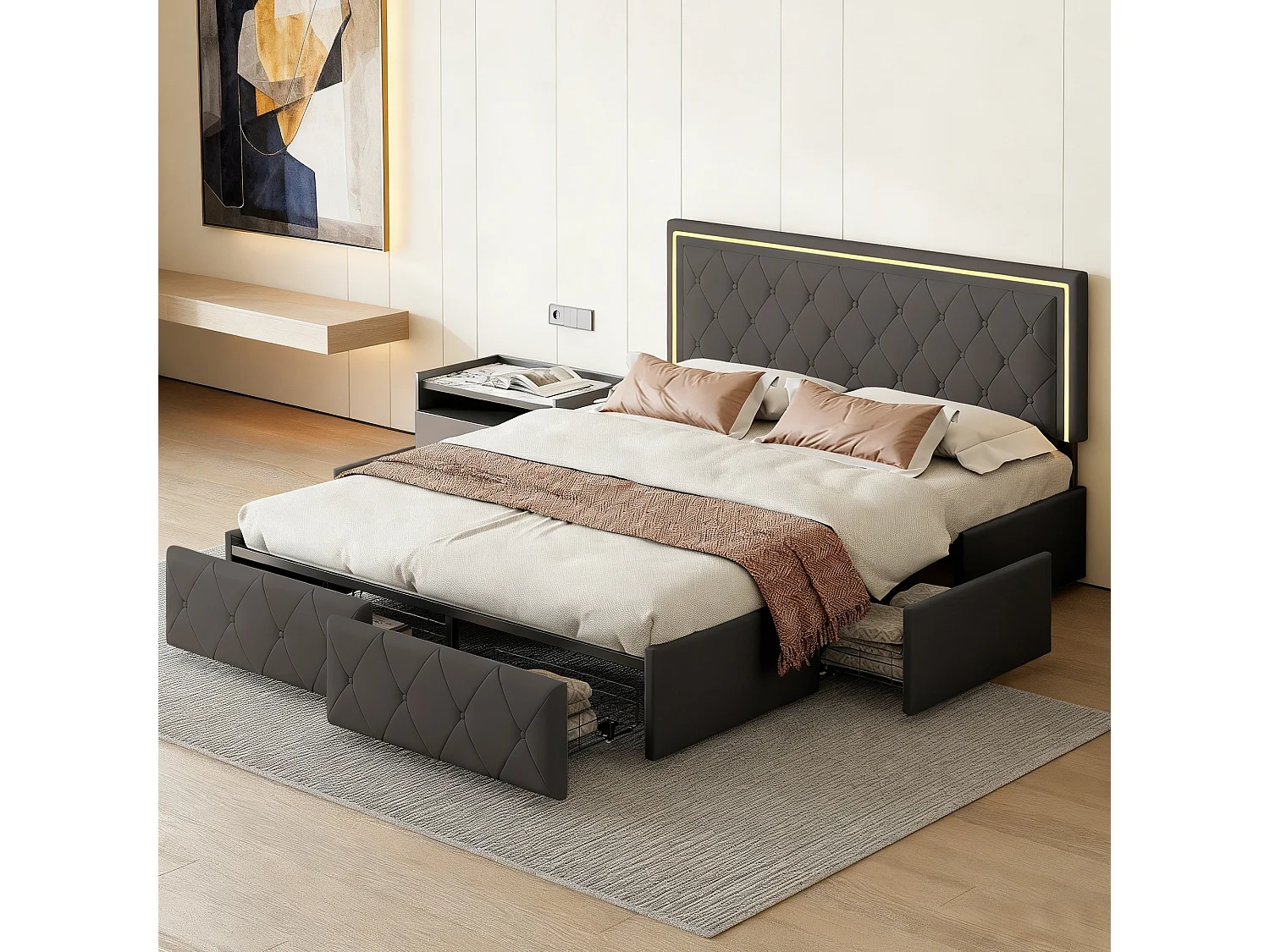 Lit capitonné 140x200 cm avec LED et sommier à lattes - tête de lit réglable - lit adulte 140x200 cm avec 4 tiroirs - style minimaliste - tissu en PU - gris