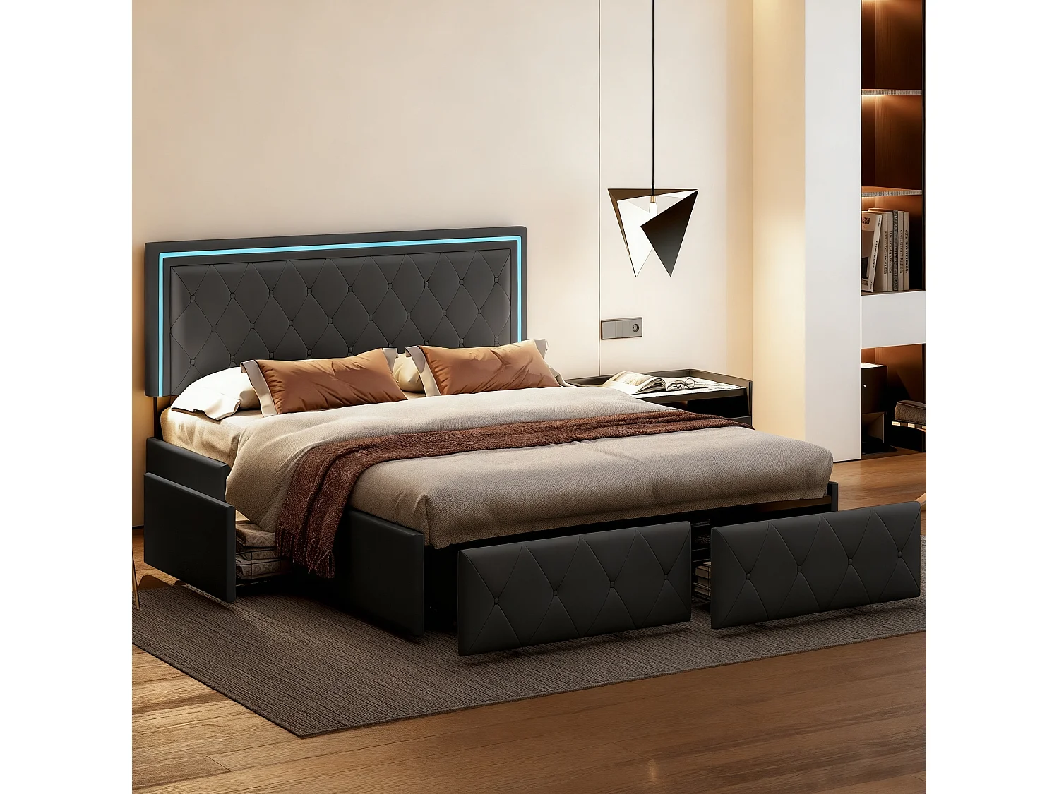Lit capitonné 140x200 cm avec LED et sommier à lattes - tête de lit réglable - lit adulte 140x200 cm avec 4 tiroirs - style minimaliste - tissu en PU - gris