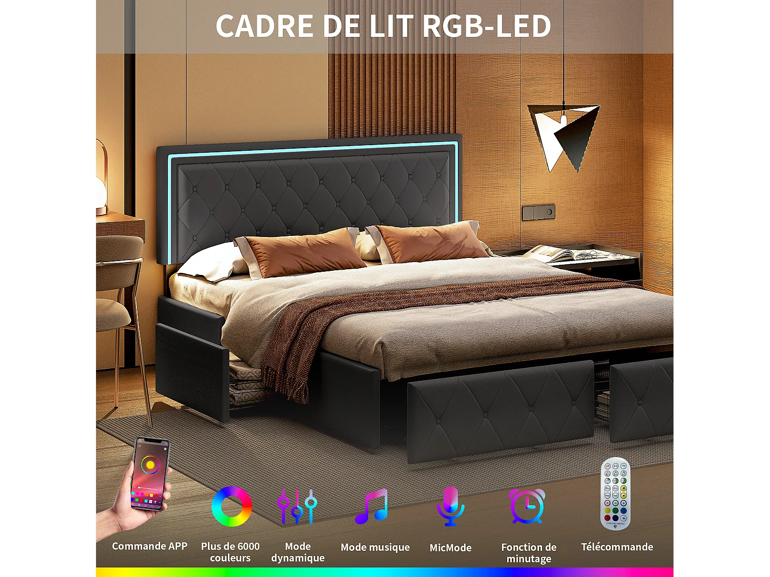 Lit capitonné 140x200 cm avec LED et sommier à lattes - tête de lit réglable - lit adulte 140x200 cm avec 4 tiroirs - style minimaliste - tissu en PU - gris