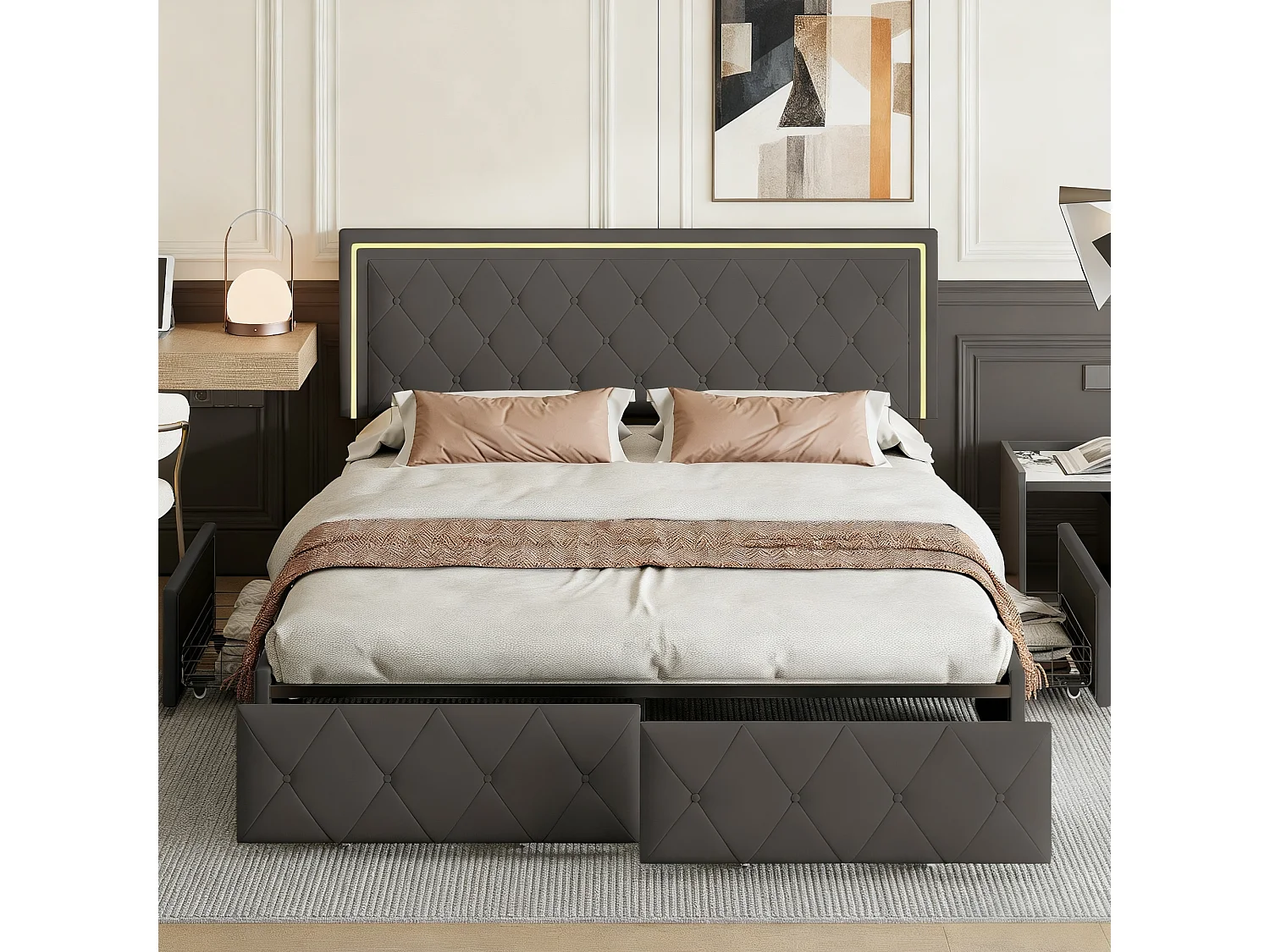 Lit capitonné 140x200 cm avec LED et sommier à lattes - tête de lit réglable - lit adulte 140x200 cm avec 4 tiroirs - style minimaliste - tissu en PU - gris