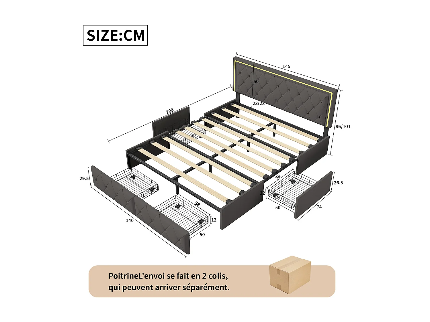 Lit capitonné 140x200 cm avec LED et sommier à lattes - tête de lit réglable - lit adulte 140x200 cm avec 4 tiroirs - style minimaliste - tissu en PU - gris