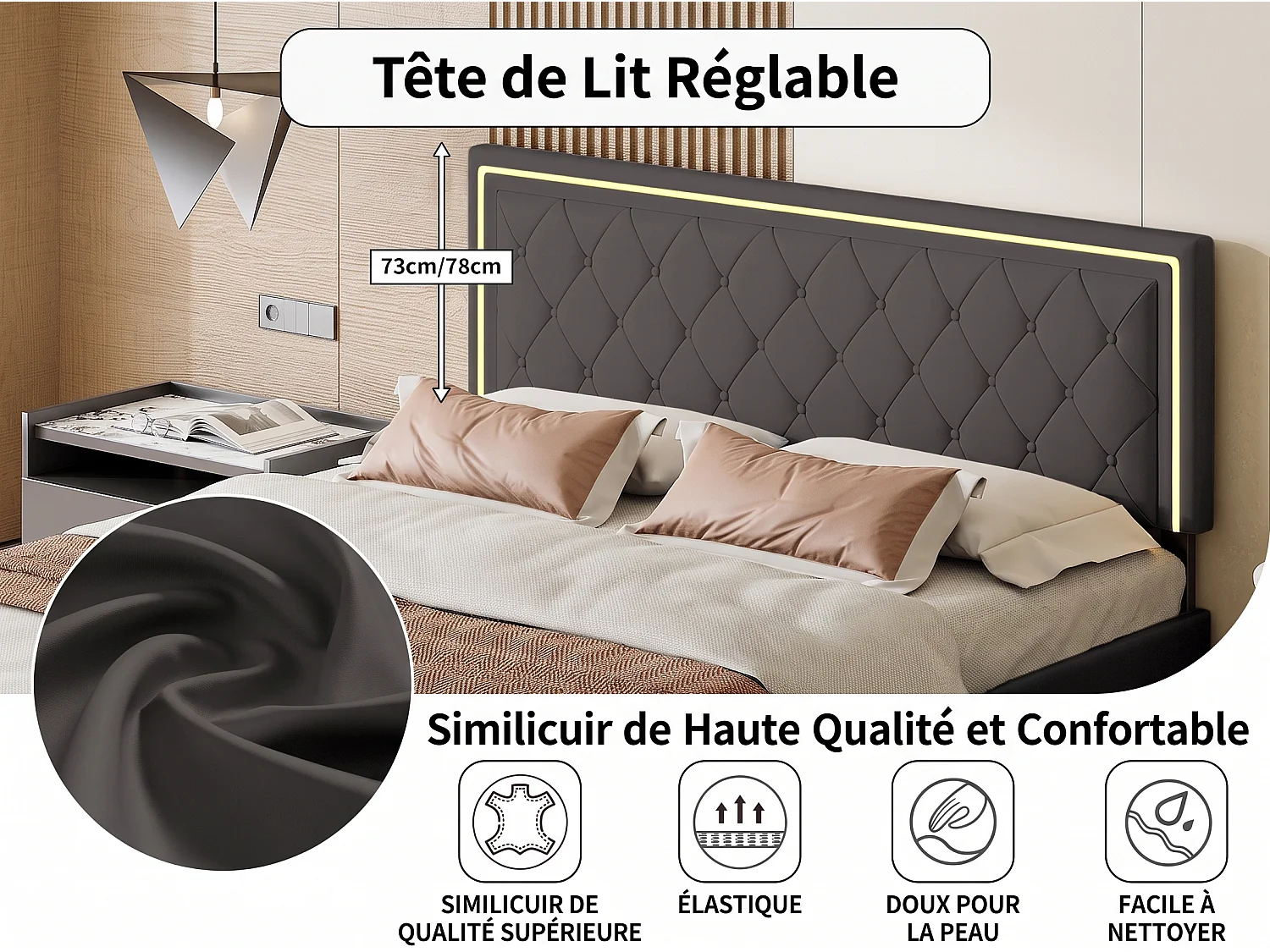 Bed 140x200 cm met led-verlichting - Volwassen bed 140x200 cm met 4 lades - tweepersoonsbedframe 140x200 cm met lattenbodem - PU-stof - grijs