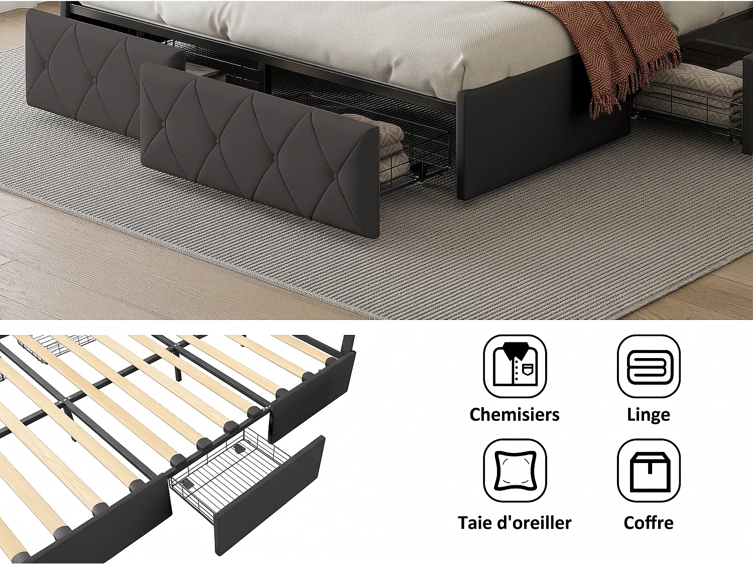 Bed 140x200 cm met led-verlichting - Volwassen bed 140x200 cm met 4 lades - tweepersoonsbedframe 140x200 cm met lattenbodem - PU-stof - grijs