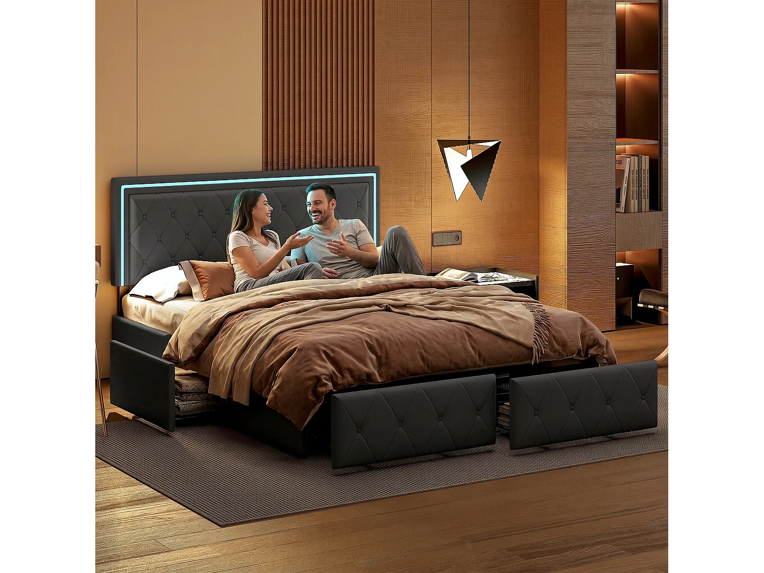 Bed 140x200 cm met led-verlichting - Volwassen bed 140x200 cm met 4 lades - tweepersoonsbedframe 140x200 cm met lattenbodem - PU-stof - grijs