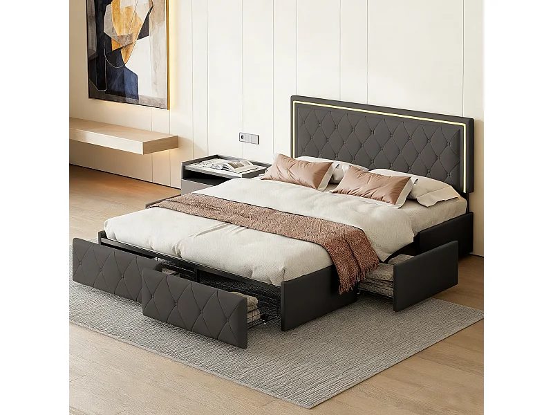 Lit capitonné 140x200 cm avec LED et sommier à lattes - tête de lit réglable - lit adulte 140x200 cm avec 4 tiroirs - style minimaliste - tissu en PU - gris