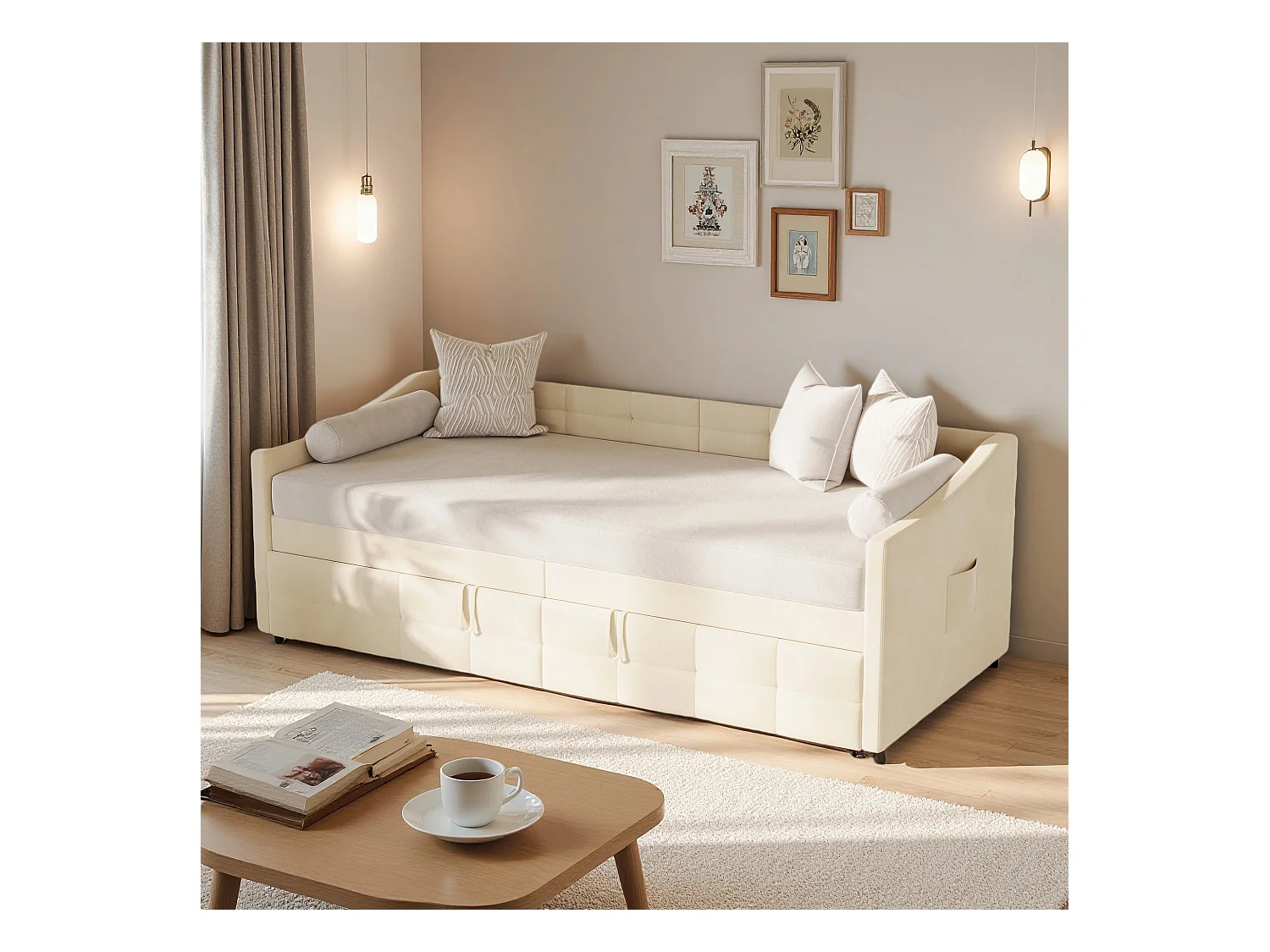 Lit 90x200 cm - lit gigogne 90x200 cm - Canapé lit 90x200 cm avec 2ème lit - lit banquette 2 places - Canapé - tissu en velours - beige