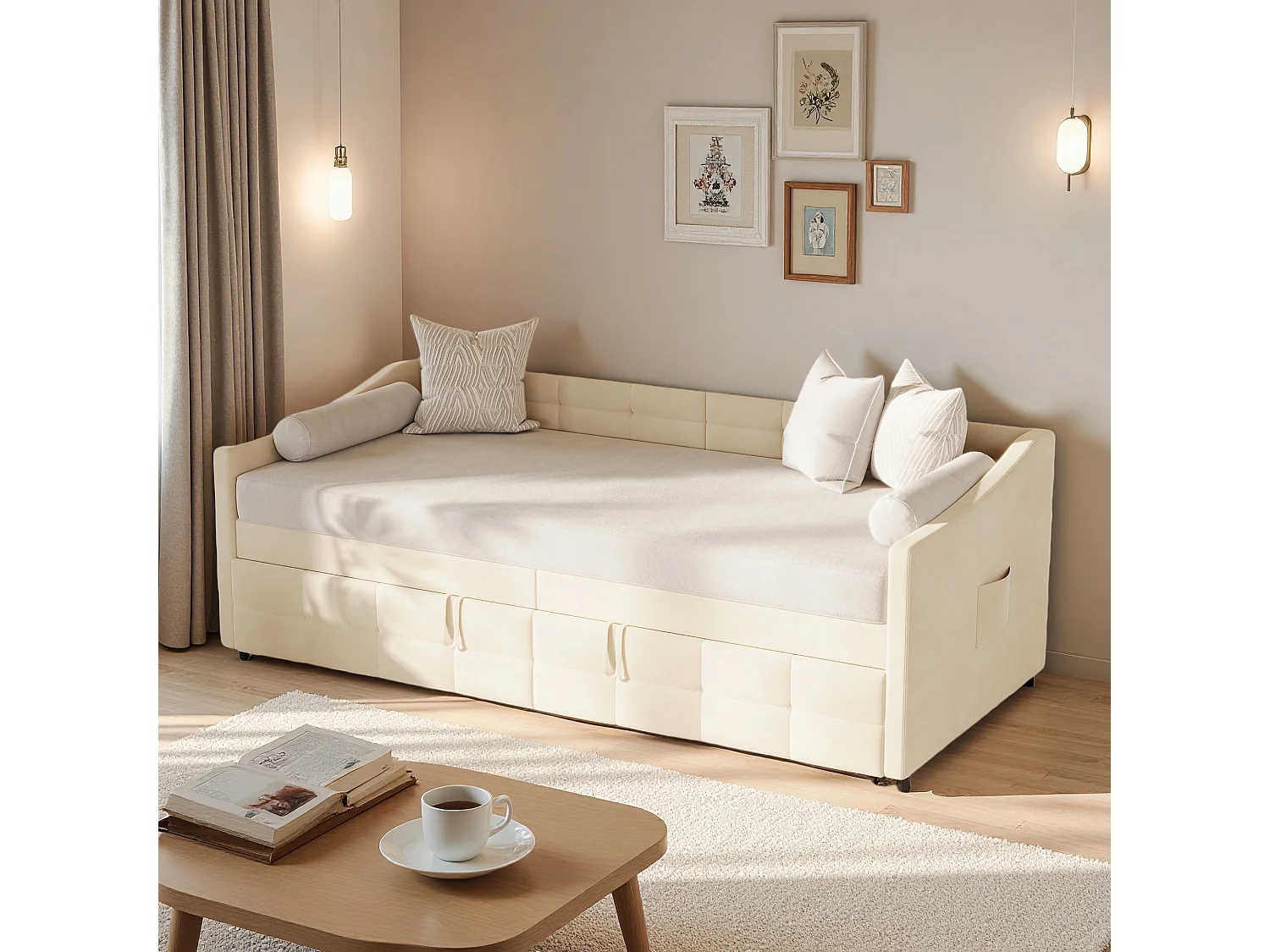 Lit banquette gigogne capitonné  - 2 x 90 x 190 cm - Sommier à lattes -  pour le salon et la chambre d'amis - velours - beige