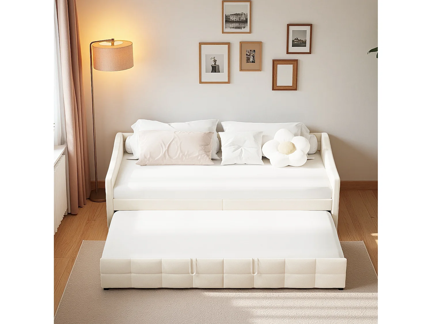 Lit banquette gigogne capitonné  - 2 x 90 x 190 cm - Sommier à lattes -  pour le salon et la chambre d'amis - velours - beige