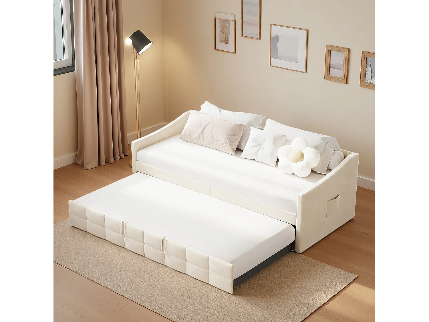 Lit banquette gigogne capitonné  - 2 x 90 x 190 cm - Sommier à lattes -  pour le salon et la chambre d'amis - velours - beige