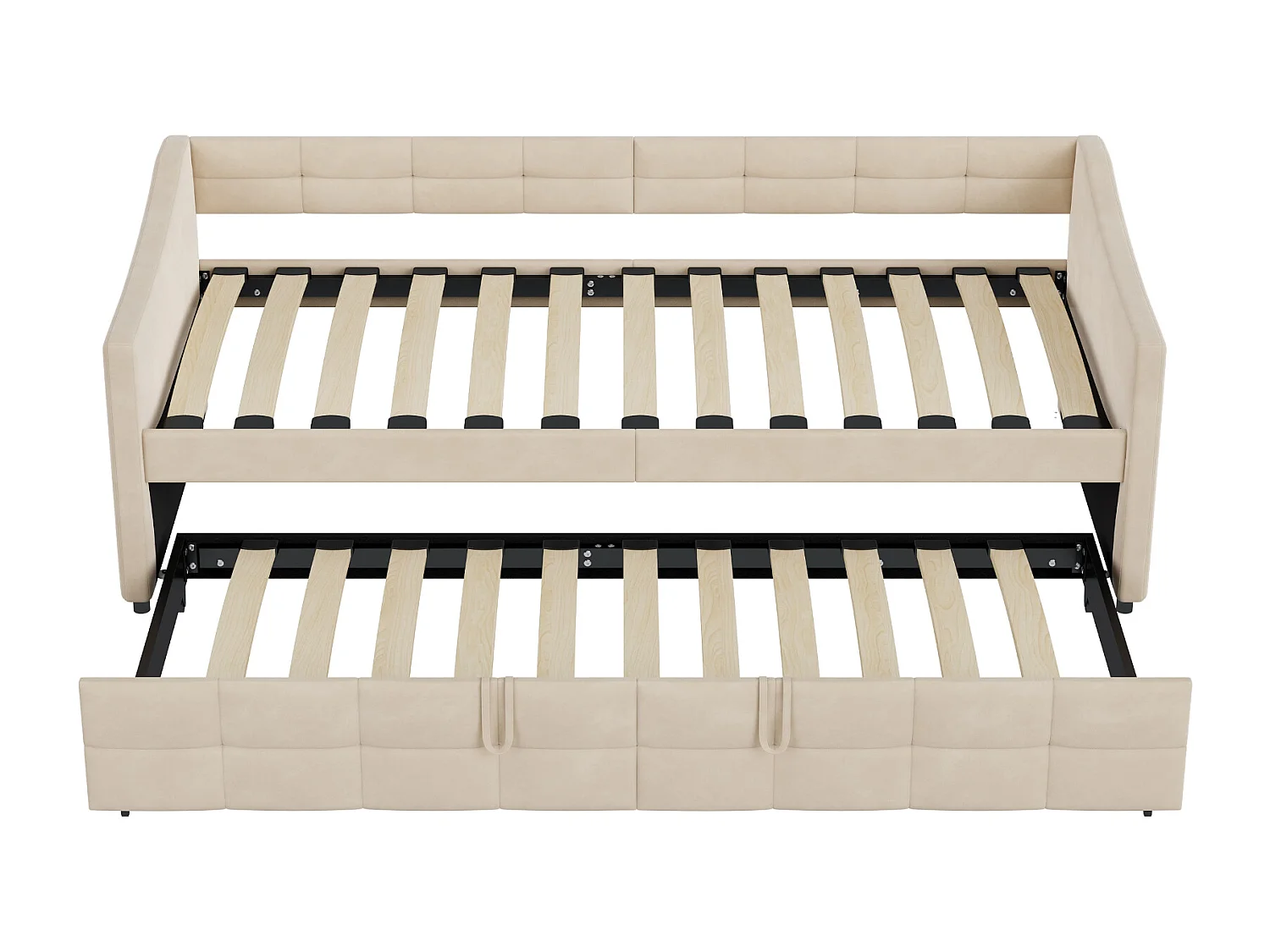 Lit banquette gigogne capitonné  - 2 x 90 x 190 cm - Sommier à lattes -  pour le salon et la chambre d'amis - velours - beige