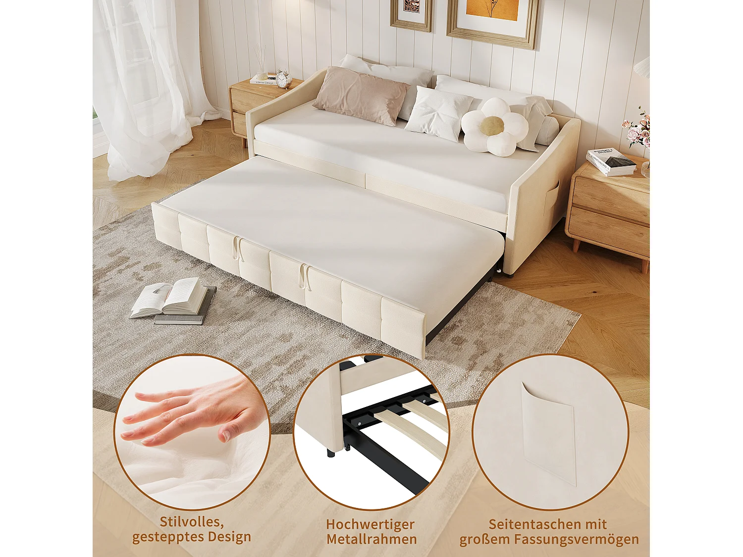 Gestoffeerde slaapbank met uitschuifbaar bed - 2 x 90 x 190 cm - Lattenbodem - voor de woonkamer en logeerkamer - fluweel - be