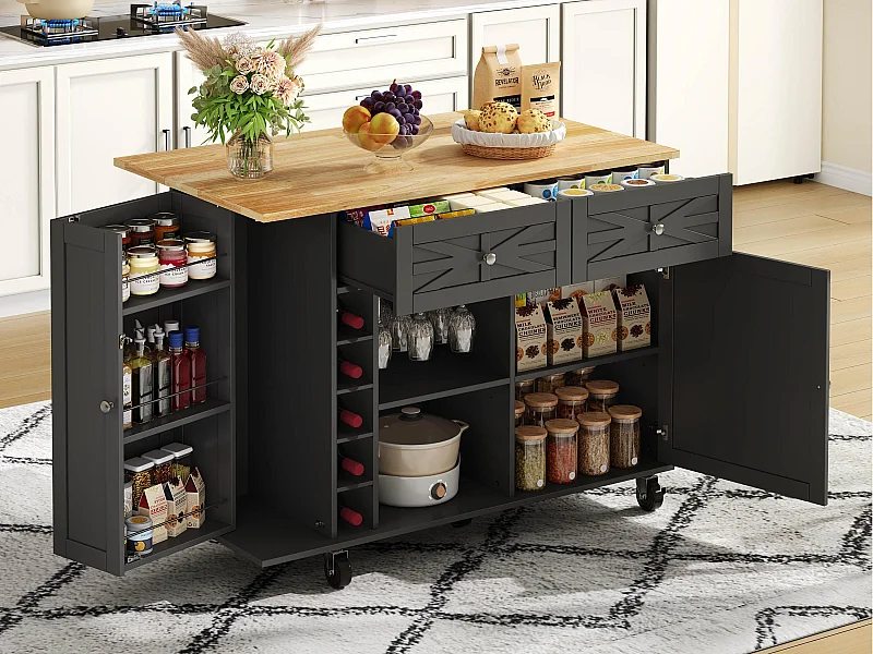 Ilot central de cuisine mobile - plateau extensible - avec casier à vin et porte-serviettes - avec 2 tiroirs et 2 portes - MDF - Noir